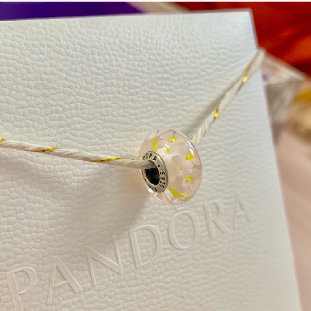 LAST CHANCE Pandora silver pink flower glass charm